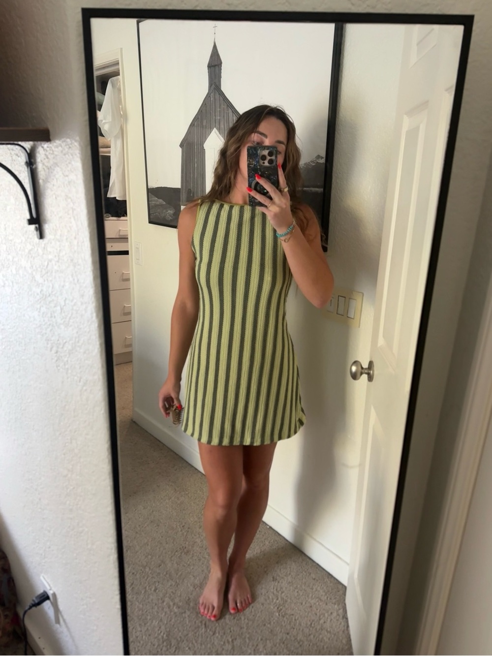 Sleeveless Olive Green & Black Knit Mini Dress